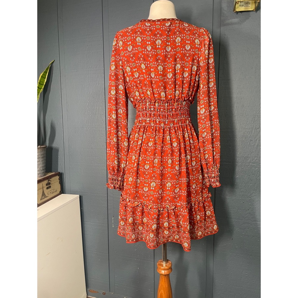 Nielraann Orange Floral Smocked Waist Tiered Ruffle Long Sleeve V Neck Mini Dres - Picture 2 of 5